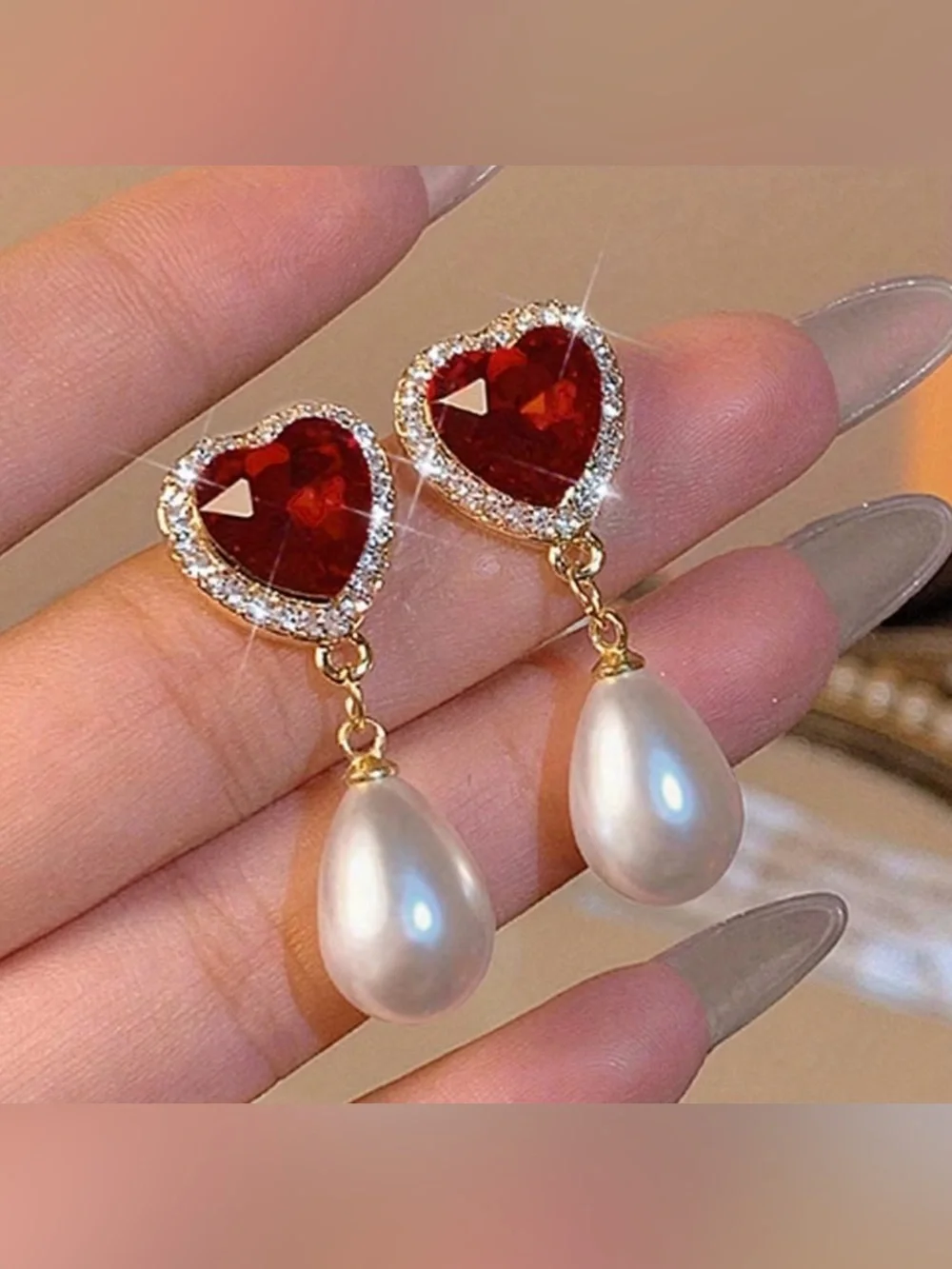 NEW! Elegant Red Heart Drop Pearl Earrings. Victorian Heart Earrings ❤️
